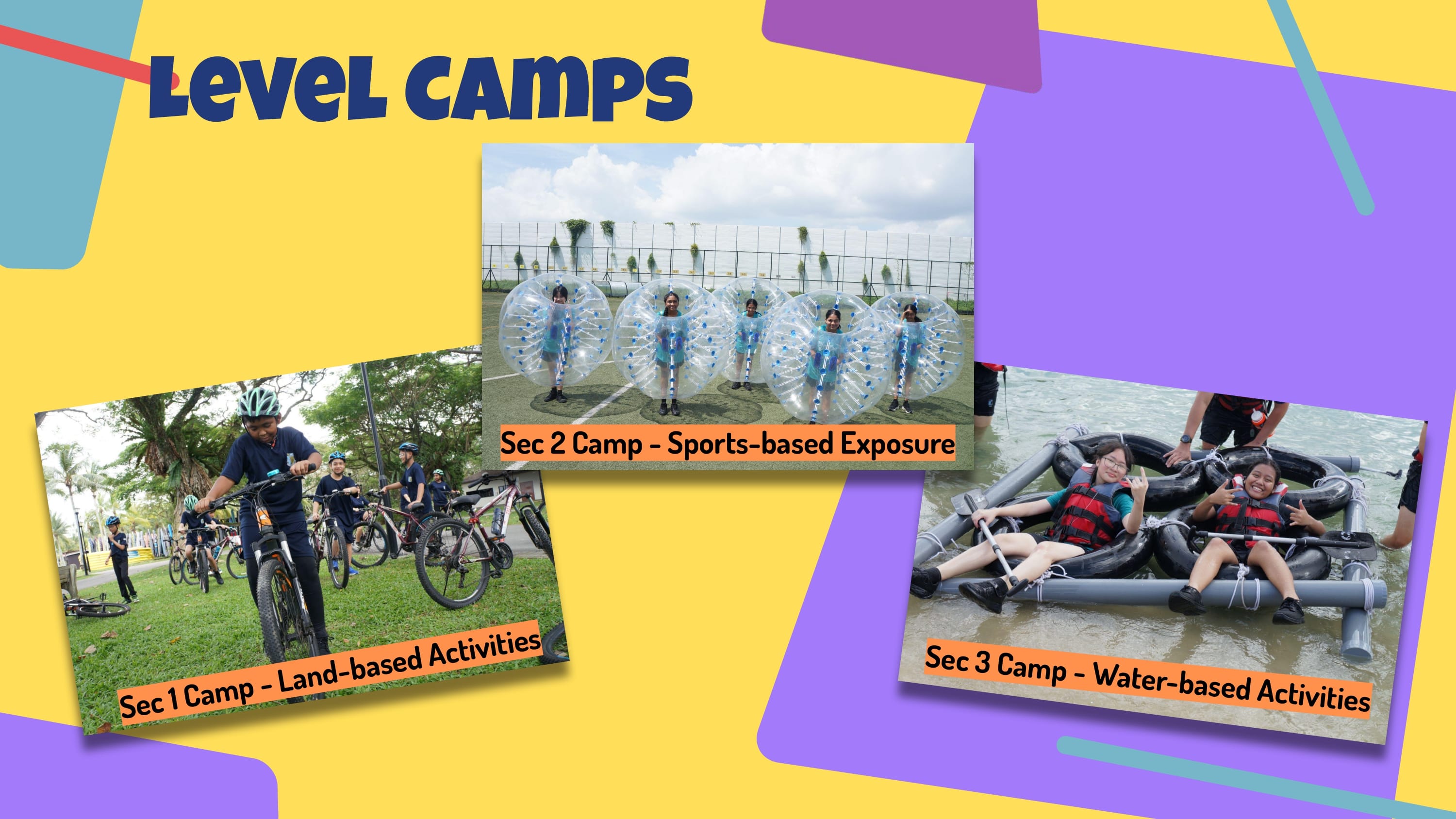 Poster titled Level Camps with photos of biking, bubble soccer, and raft water activity for Sec 1–3 camps.